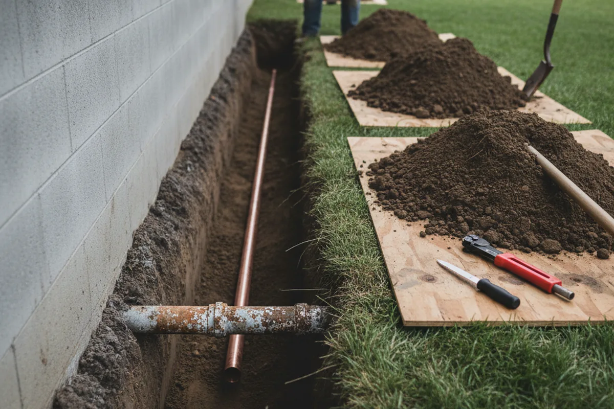 Excavated water line trench during Water Softener Installation in Stowe